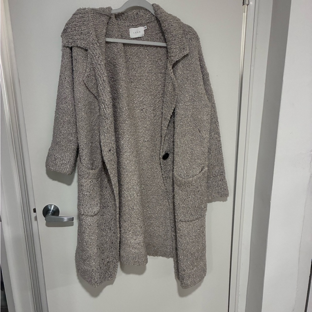 Lush Taupe Knit Hooded Cardigan Sweater